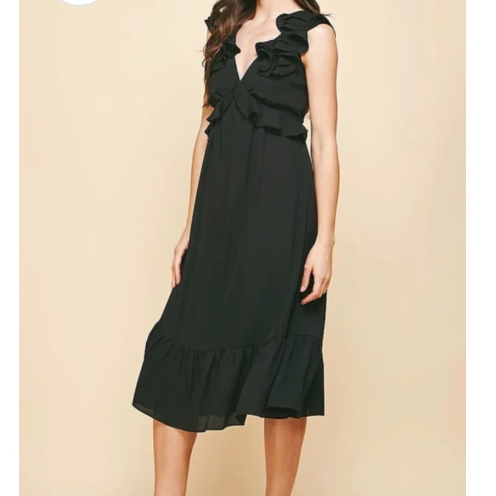 Women’s Black Ruffle V-Neck Midi Dress - Elegant Everyday Style - Picture 2 of 11